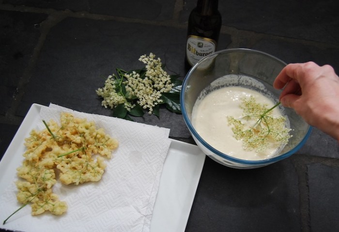 dipping elderflower pancakes